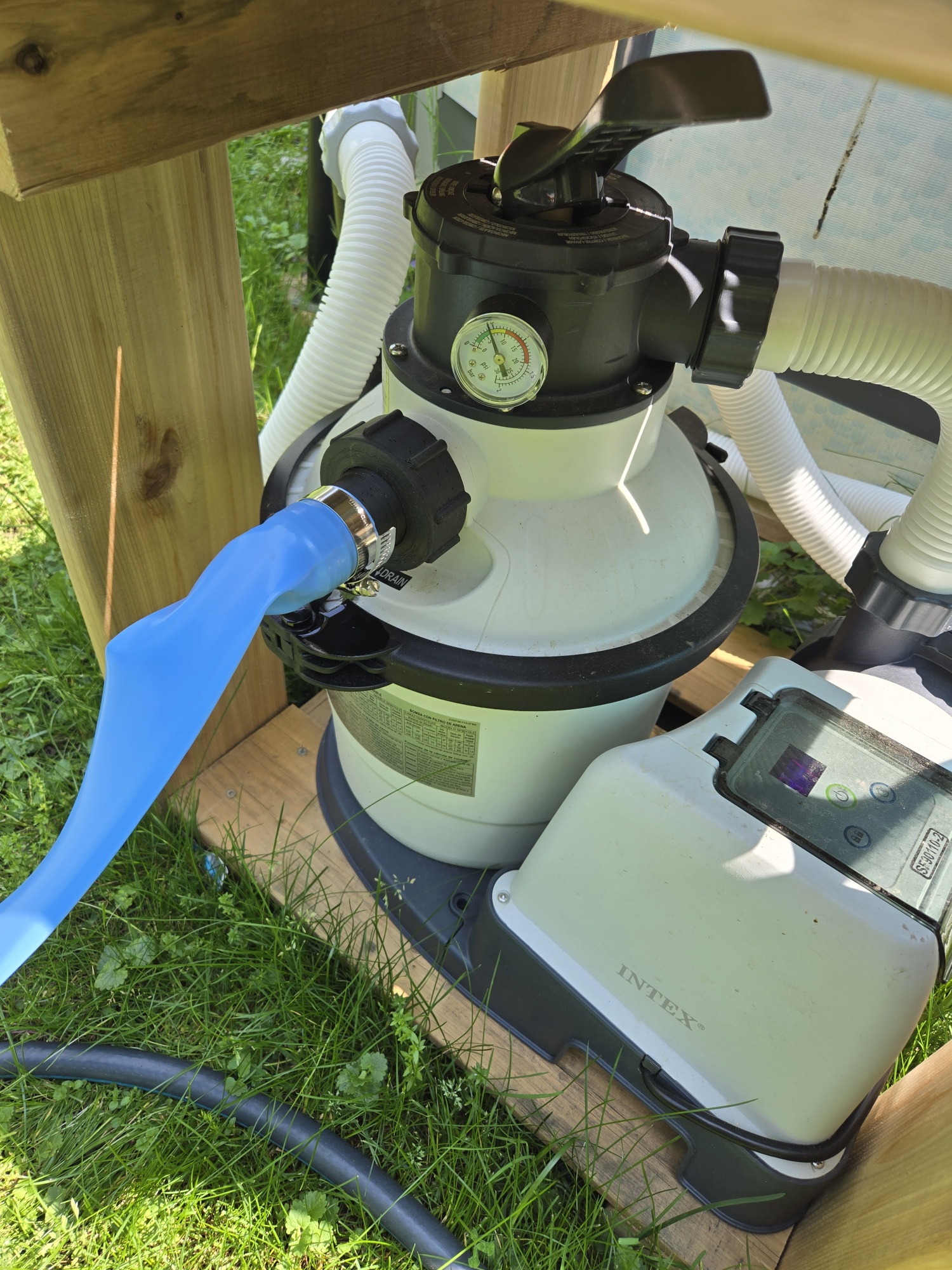 Backwash valve fitted to pump with outflow pipe.